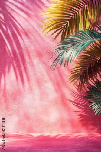 Aesthetic boho architecture with palm shadow on plaster wall, minimal product placement scene.