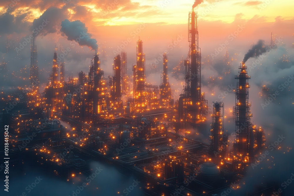 industrial refinery at twilight intricate network of pipelines glowing with internal light steam rising dramatically hightech feel industrial refinery at twilight intricate network of pipelines glowing with internal light steam rising dramatically hightech feel