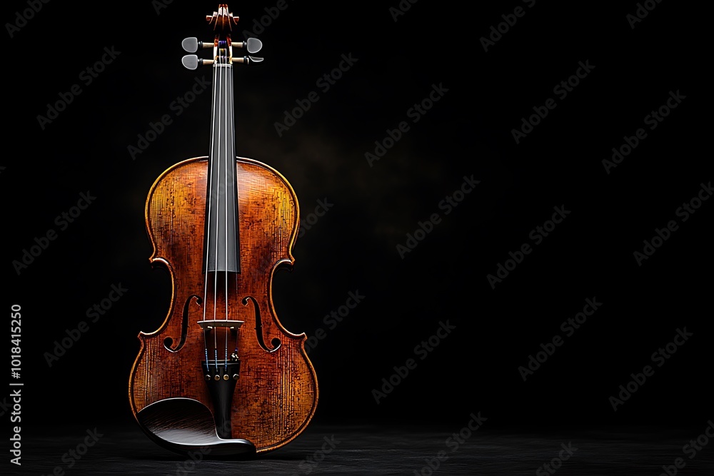 Naklejka premium A beautifully crafted violin on a dark background, illuminated by dramatic lighting