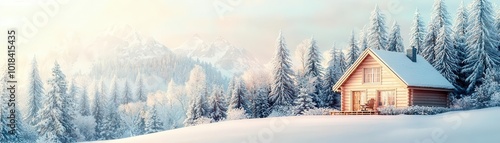 Create a photorealistic image of a cozy cabin in a snowy forest at a tilted angle, capturing Winters serene beauty