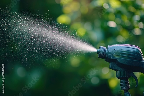 Black Spray Bottle with Water Stream Against a Green Background photo