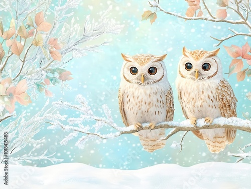 Create a stunning digital illustration of a Winter scene with Owls perched on snow-laden branches Emphasize the tilt angle for a dynamic perspective photo