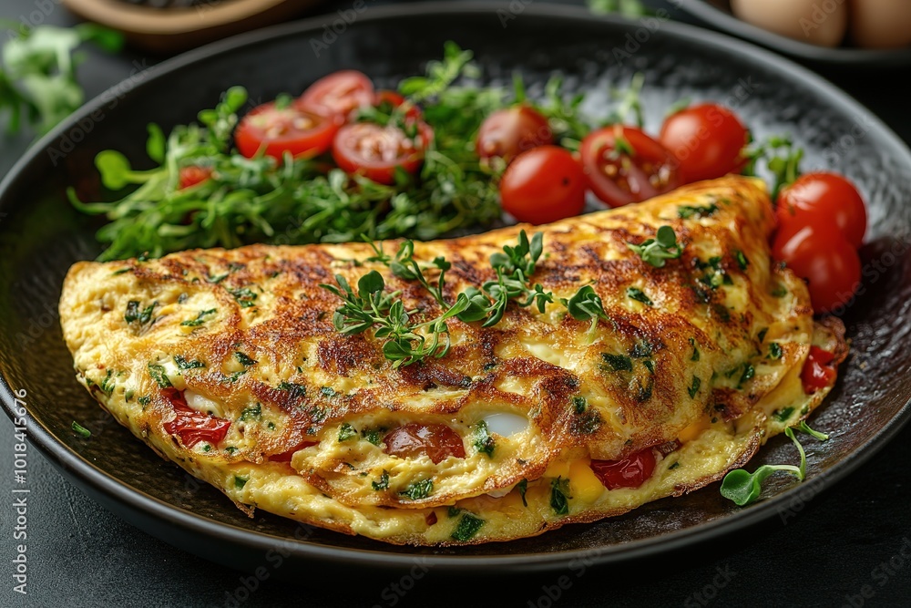 Fresh homemade omelette with mushrooms, feta cheese and herbs. A healthy protein breakfast with mushrooms and spinach Fresh homemade omelette with mushrooms, feta cheese and herbs. A healthy protein breakfast with mushrooms and spinach