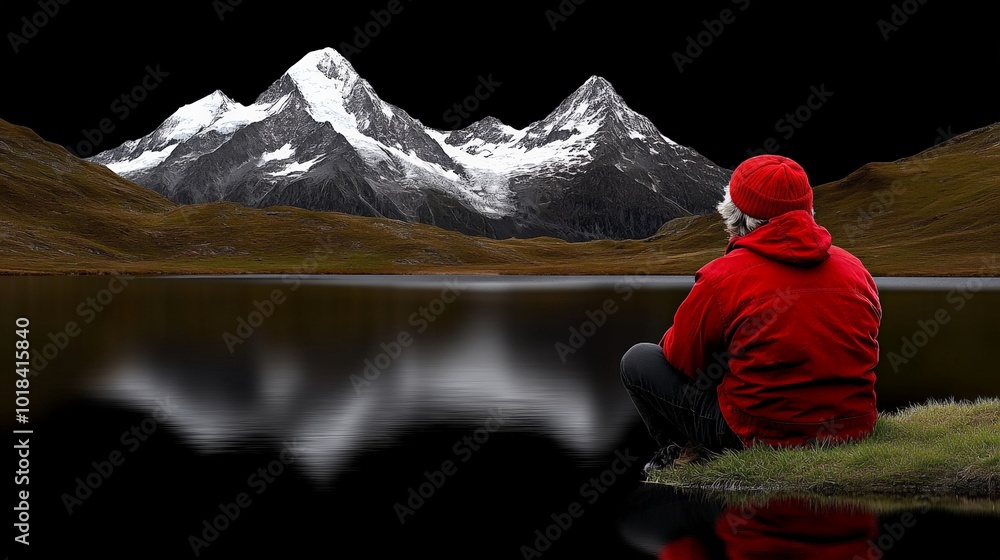 Solitude Amidst Majestic Peaks: A lone figure, clad in a vibrant red jacket, finds solace by a tranquil lake, dwarfed by the imposing grandeur of snow-capped mountains under a starless night.  