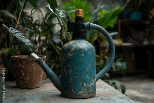 Weathered Blue Watering Can with Yellow Spout