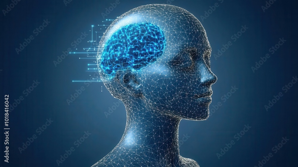 A futuristic depiction of a human head with a digital brain, illustrating the intersection of technology and human intelligence A futuristic depiction of a human head with a digital brain, illustrating the intersection of technology and human intelligence