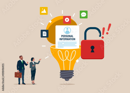 Online Information Hacking. Open lightbulb to see  with Blocked Account. Hacking and exploit results. Flat vector Illustration.