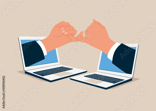 Two businessman hand coming out from laptop and doing pinky promise. Flat vector illustration