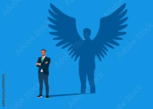 Confident handsome businessman dreams of becoming a superhero, arms crossed casting a shadow with wings angel. Power, ambition. Flat vector illustration