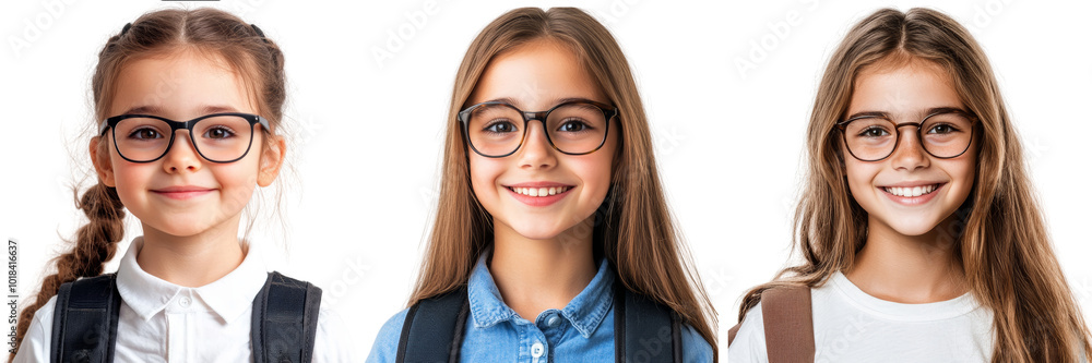 Collage of a happy child at school wearing glasses and carrying backpacks, isolated on transparent background, perfect for education and back-to-school promotions. Collage of a happy child at school wearing glasses and carrying backpacks, isolated on transparent background, perfect for education and back-to-school promotions.