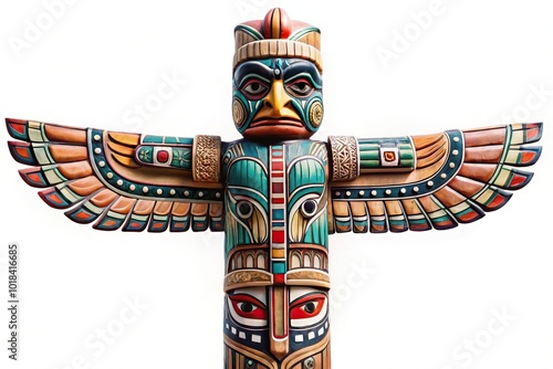 Ornate native indigenous American carved totem pole isolated on white background