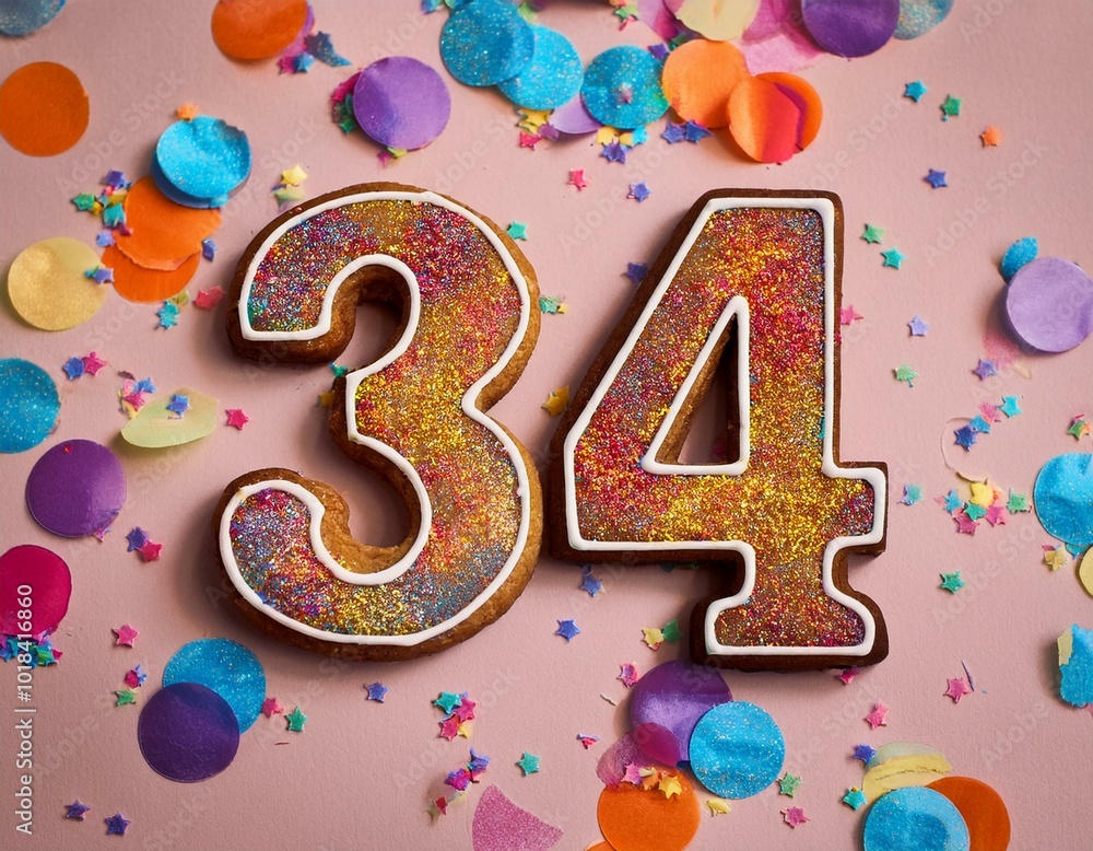 Decorated cookie, number 34, image for birthday or anniversary celebration Decorated cookie, number 34, image for birthday or anniversary celebration