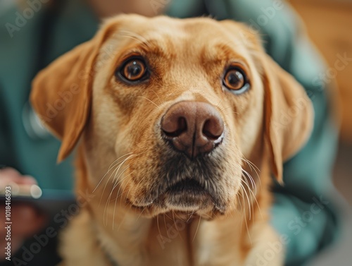 Dog being examined by vet in green uniform while holding head and taking notes in logbook at veterinary hospital. Close-up of white labrador with brown ears. photo