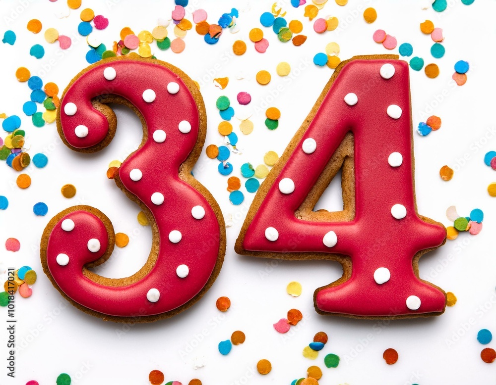 Decorated cookie, number 34, image for birthday or anniversary celebration Decorated cookie, number 34, image for birthday or anniversary celebration