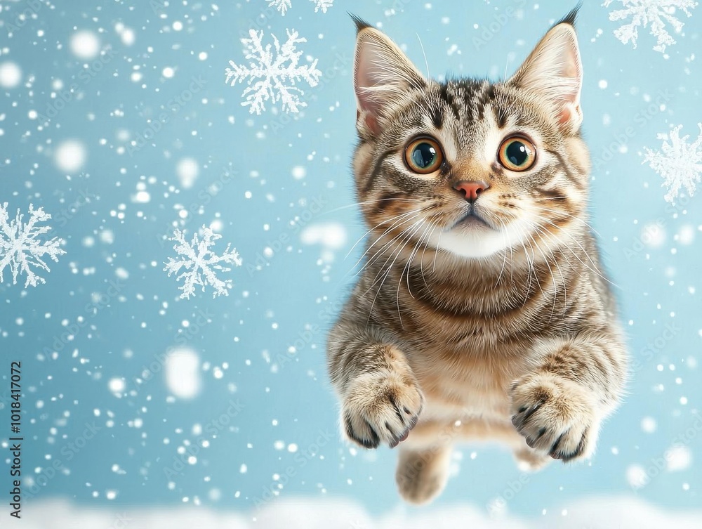 Illustrate an adventurous tabby cat leaping playfully amidst snowflakes in a winter wonderland, Illustrate an adventurous tabby cat leaping playfully amidst snowflakes in a winter wonderland,
