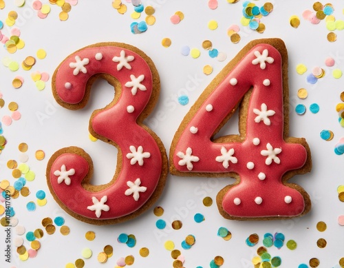 Decorated cookie, number 34, image for birthday or anniversary celebration