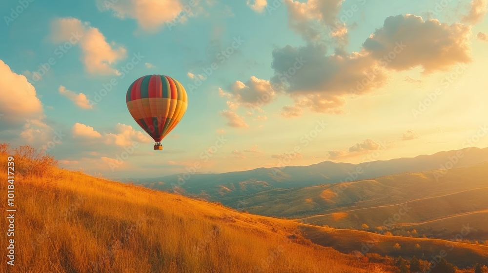 Hot air balloon flying in the sky with beautiful scenery banner background. AI generated images Hot air balloon flying in the sky with beautiful scenery banner background. AI generated images