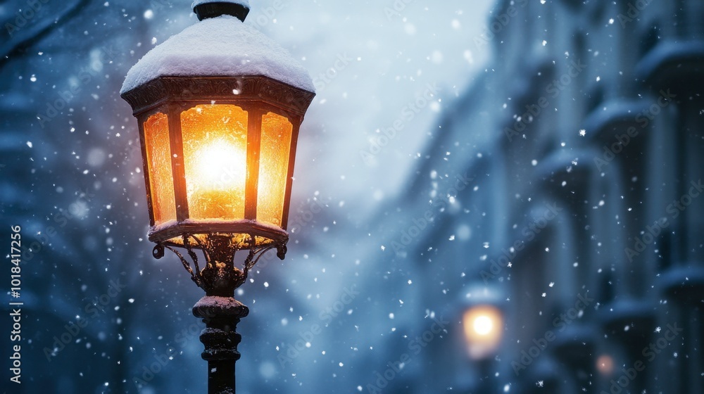 A streetlamp glowing warmly during a snowfall, with snowflakes visible in the light and a snowy background of buildings. A streetlamp glowing warmly during a snowfall, with snowflakes visible in the light and a snowy background of buildings.