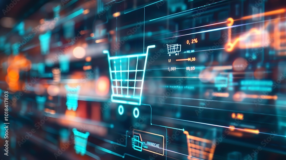 3D digital shopping icons displaying various retail elements like barcode scanners, shopping carts, and customer service agents, symbolizing seamless customer experience across platforms. 3D digital shopping icons displaying various retail elements like barcode scanners, shopping carts, and customer service agents, symbolizing seamless customer experience across platforms.