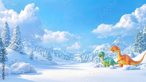 Fototapeta Naklejka Na Ścianę i Meble -  Vibrant, Playful Dinosaurs Amidst Snowy Landscape,