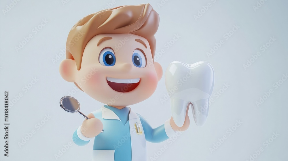 Happy cartoon dentist holding a smiling tooth model and dental mirror, isolated on white Happy cartoon dentist holding a smiling tooth model and dental mirror, isolated on white