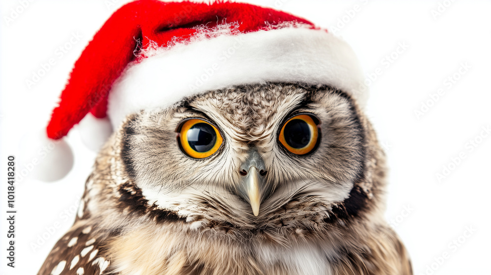 Obraz premium An owl in a red Christmas hat on a white background, looking directly at the camera with a serious expression