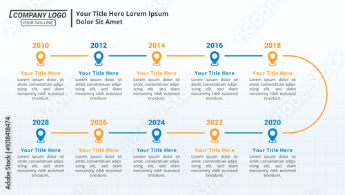 Infographic Timeline with 10 Steps and Editable Text on a 16:9 Layout for Business Presentations, Management, and Evaluation.