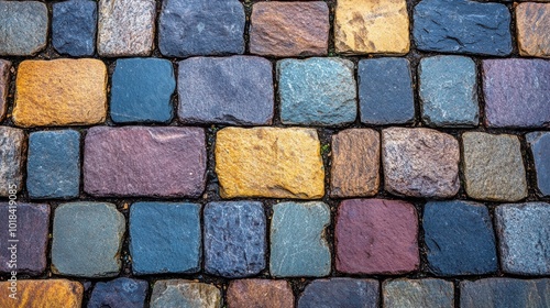 A Close-Up View of a Cobblestone Path Composed of Irregularly Shaped Stones in Hues of Gray, Brown, Yellow, and Purple