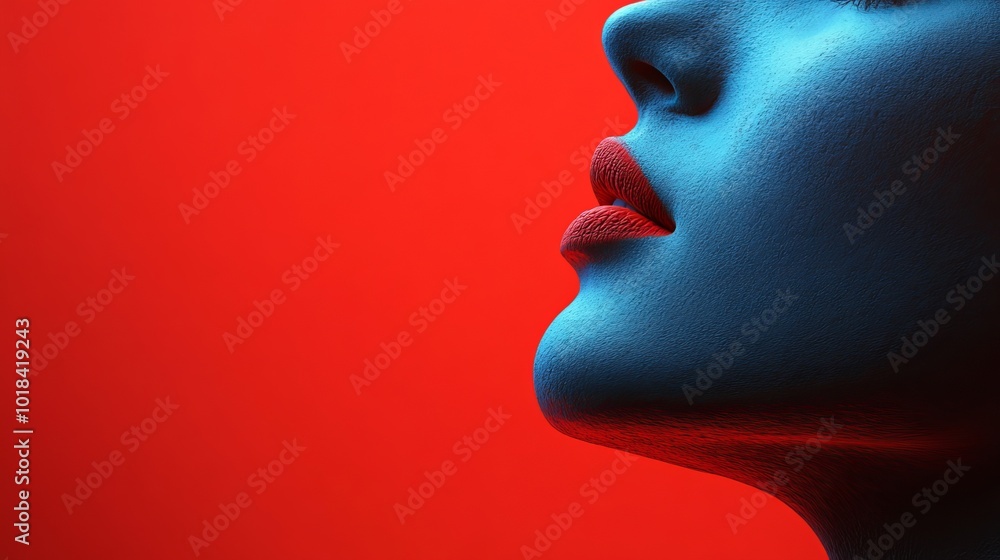 A woman's face is shown in a blue and red color scheme A woman's face is shown in a blue and red color scheme