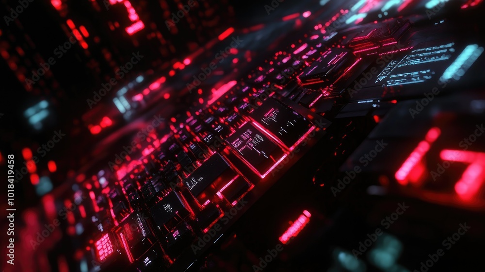 Fast typing on a keyboard, digital code and programming elements floating in a dark tech setting. Fast typing on a keyboard, digital code and programming elements floating in a dark tech setting.