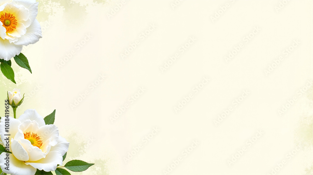 Naklejka premium Cream-colored background with floral frame of white roses and green leaves