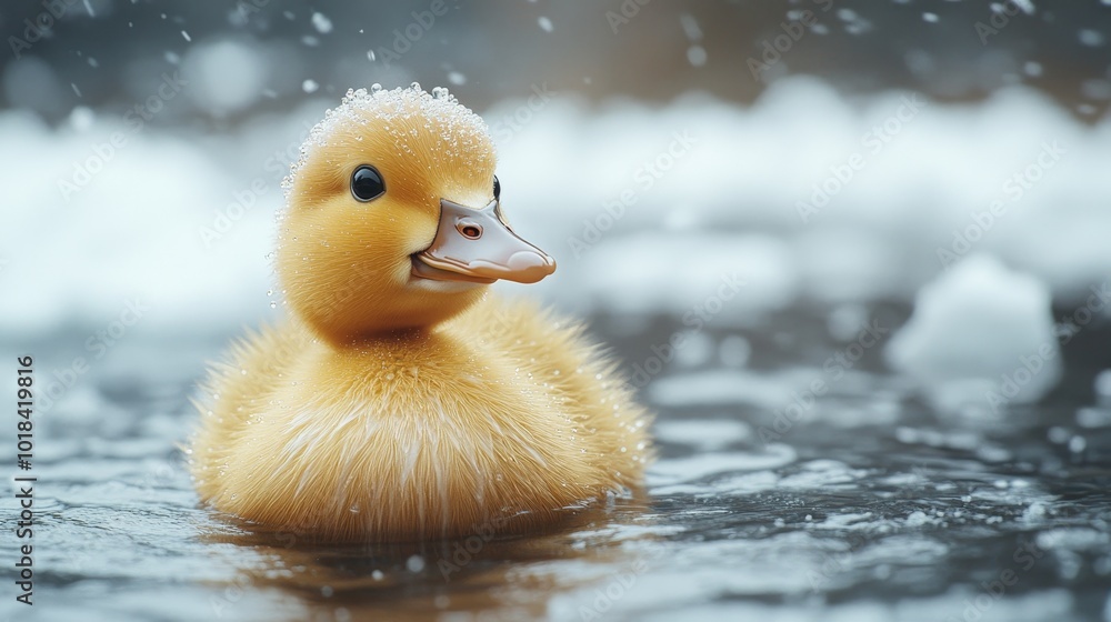 A duck is swimming in a body of water with snow on its head A duck is swimming in a body of water with snow on its head