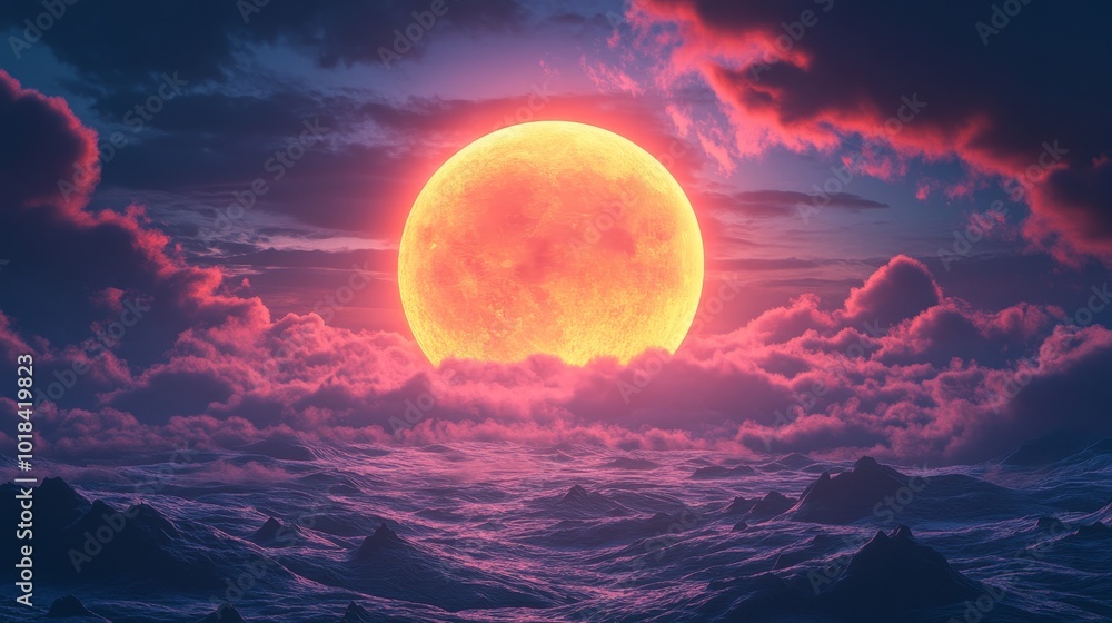 A large red sun is in the sky above a body of water A large red sun is in the sky above a body of water