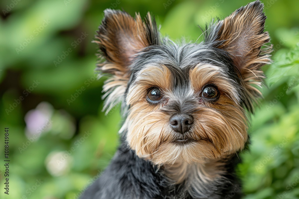 Close-up portrait of a Yorkshire Terrier with soft fur and brown eyes looking directly at the camera. Close-up portrait of a Yorkshire Terrier with soft fur and brown eyes looking directly at the camera.