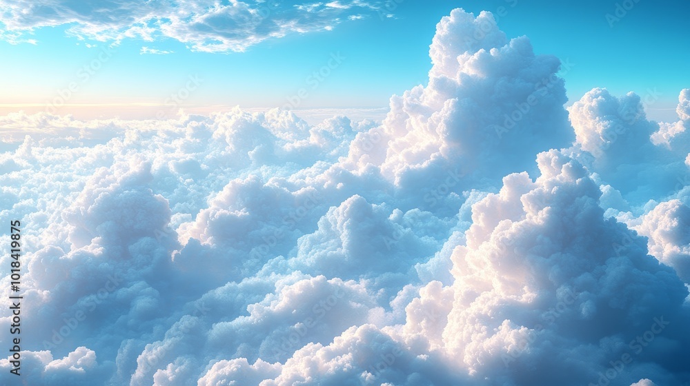 The sky is filled with fluffy white clouds, creating a serene The sky is filled with fluffy white clouds, creating a serene