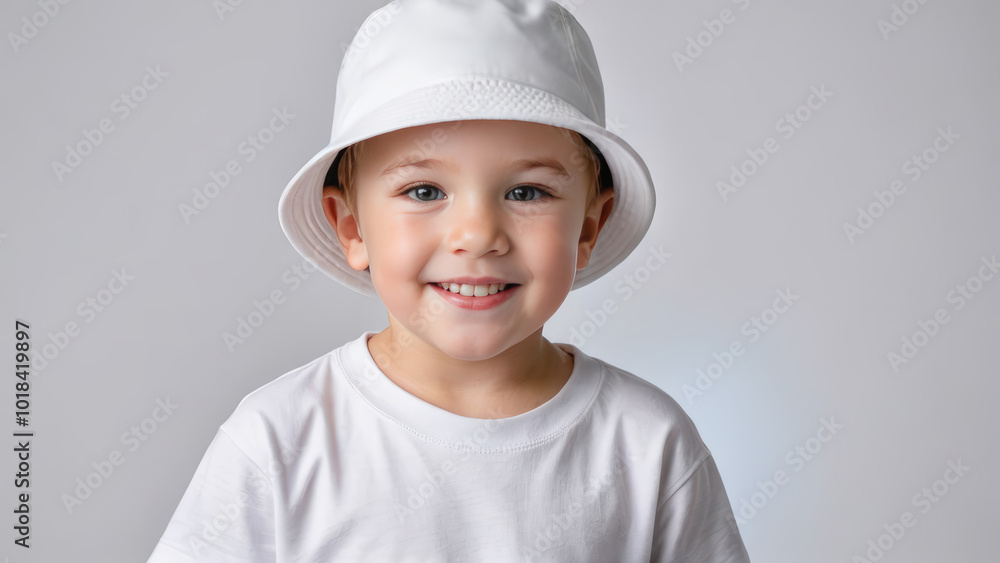 Little boy wearing white t-shirt and white bucket hat isolated on grey background Little boy wearing white t-shirt and white bucket hat isolated on grey background