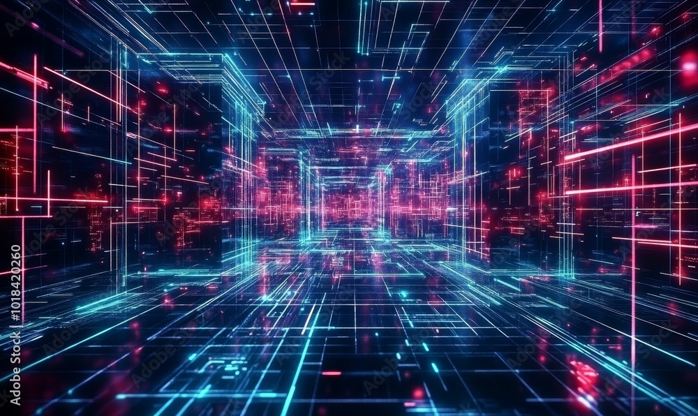 Naklejka premium Neon grid, digital network, abstract background.