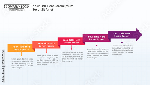 Infographic Timeline with 5 Steps and Editable Text on a 16:9 Layout for Business Presentations, Management, and Evaluation.