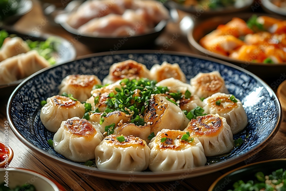 Steamed and pan-fried dumplings served on a blue plate. Steamed and pan-fried dumplings served on a blue plate.
