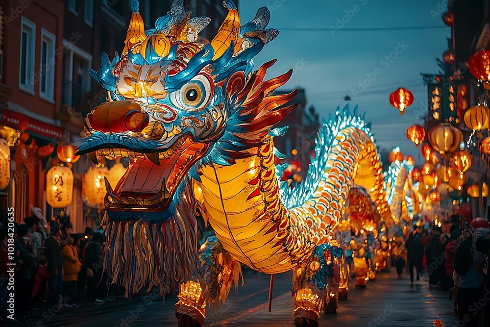Obraz premium A vibrant Chinese dragon lantern parade illuminates the city streets at night.