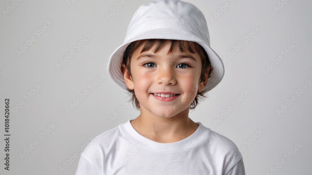 Little boy wearing white t-shirt and white bucket hat isolated on grey background Little boy wearing white t-shirt and white bucket hat isolated on grey background