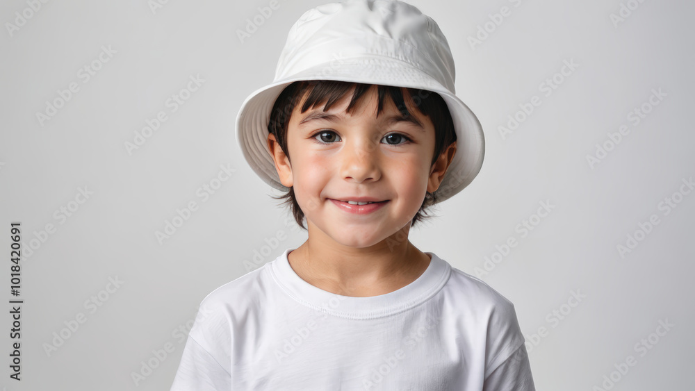 Little boy wearing white t-shirt and white bucket hat isolated on grey background Little boy wearing white t-shirt and white bucket hat isolated on grey background