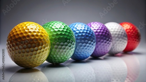 Golf balls of various colors in a row