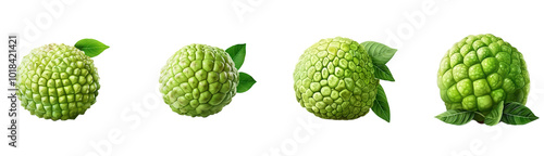 Four green fruits with leaves on top isolated transparent background photo