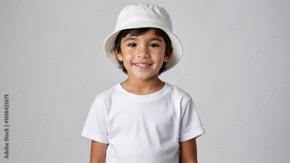 Little boy wearing white t-shirt and white bucket hat isolated on grey background Little boy wearing white t-shirt and white bucket hat isolated on grey background