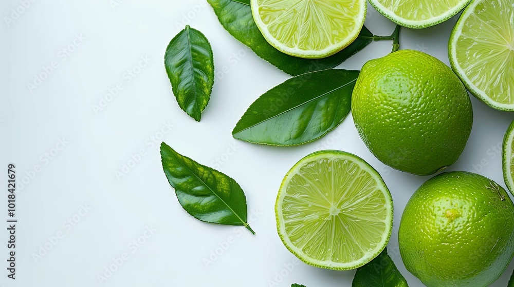 Green Limes and Leaves on a White Background Green Limes and Leaves on a White Background