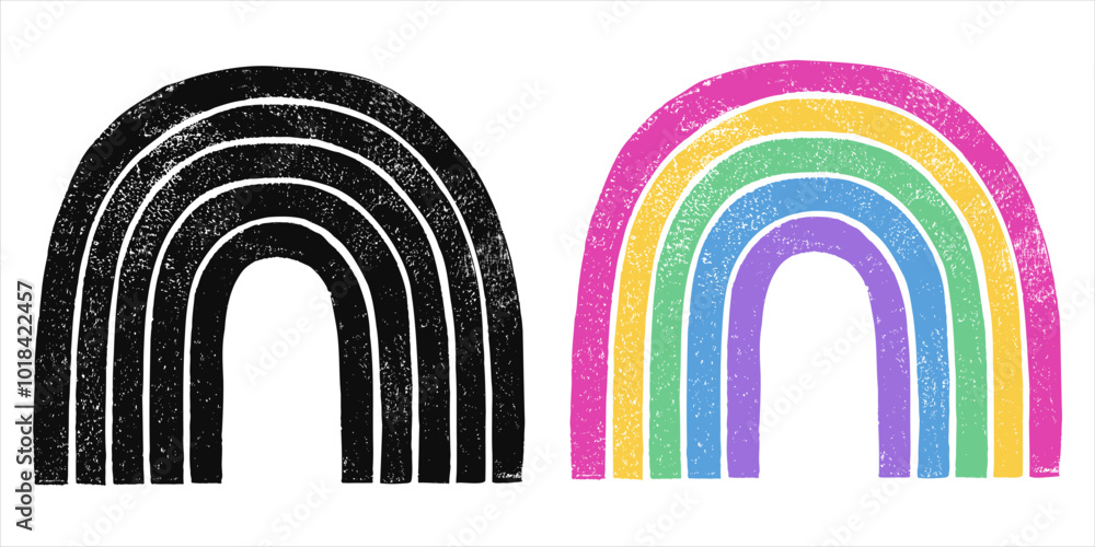 Linocut, lino ink 5-striped rainbow arc hand printed vector illustration. Textured uneven doodle colorful stripes, colorful illustration, text background, poster, social media template. Grainy texture Linocut, lino ink 5-striped rainbow arc hand printed vector illustration. Textured uneven doodle colorful stripes, colorful illustration, text background, poster, social media template. Grainy texture