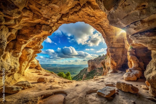 Natural rock cave with a wide-angle view, eroded to form a huge window