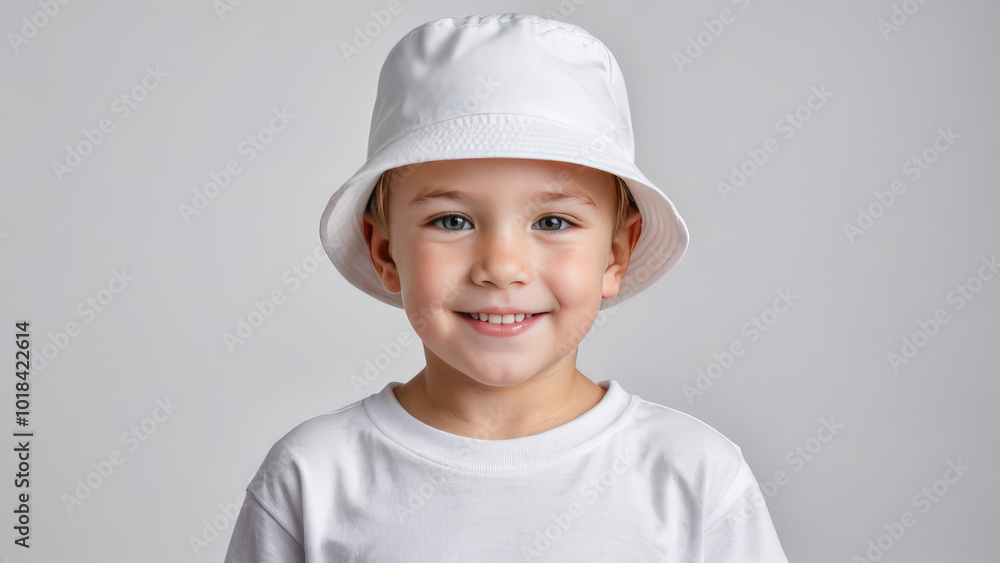 Little boy wearing white t-shirt and white bucket hat isolated on grey background Little boy wearing white t-shirt and white bucket hat isolated on grey background