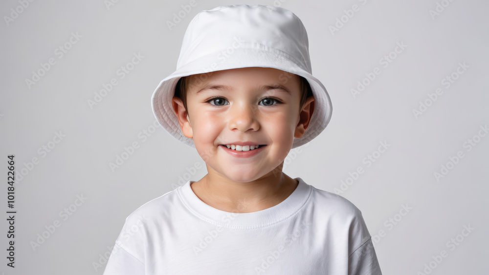 Little boy wearing white t-shirt and white bucket hat isolated on grey background Little boy wearing white t-shirt and white bucket hat isolated on grey background